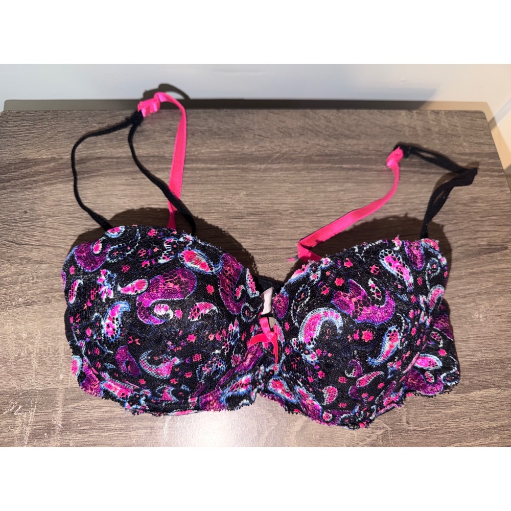 Candies Y2K Paisley Lace Push Up Bra Black Pink Purple Underwire 34B